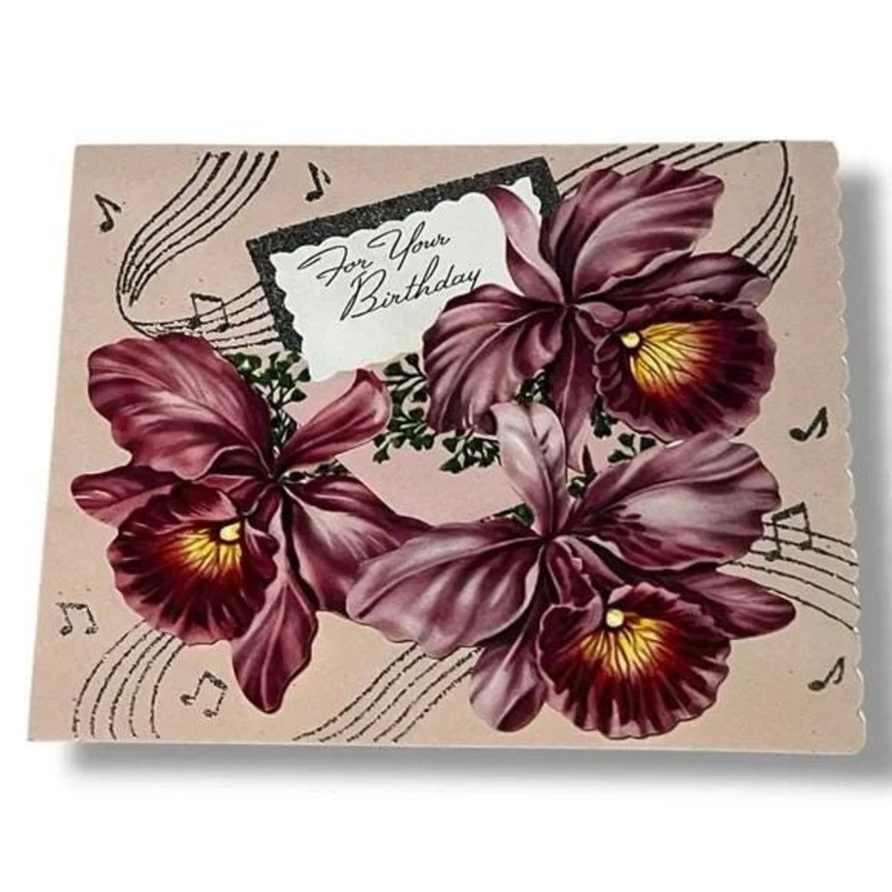 For Your Birthday Pink Orchids Vintage Greeting Card EBX